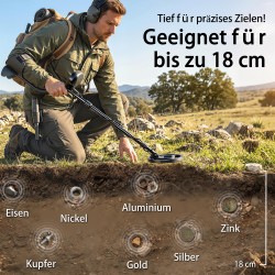 Metallinetsin IP68 vedenpitävä kela, 3 hakutilaa, LCD-näyttö, kuulokkeet ja lapio, musta