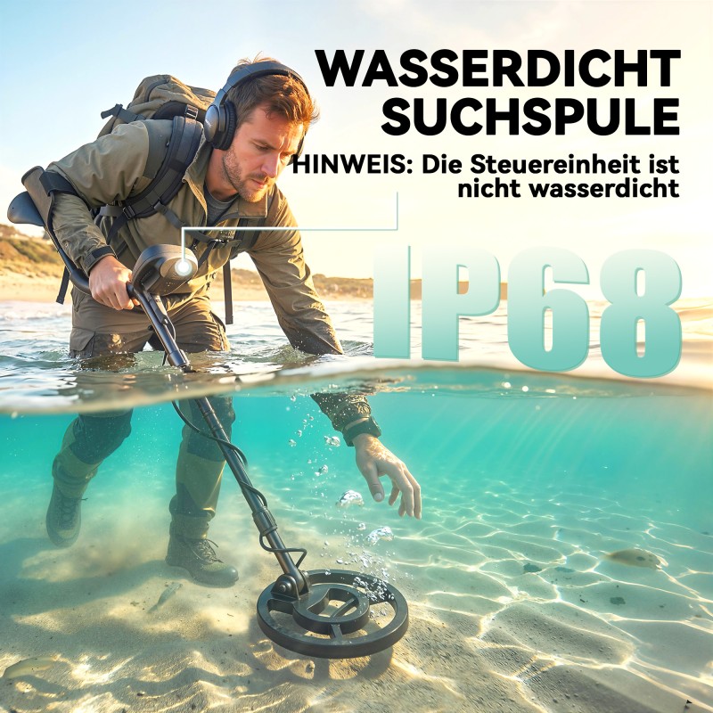 Metallinetsin IP68 vedenpitävä kela, 3 hakutilaa, LCD-näyttö, kuulokkeet ja lapio, musta