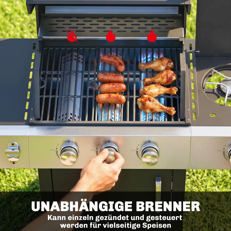 Kaasugrilli 10,5 kW 3+1 poltinta teräsrunko valurautaritilä sivupoltin musta