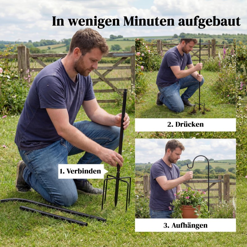 Metallinen puutarhan ripustuskoukku 160 cm, 2 kpl, 5-piikkinen maapiikki, musta