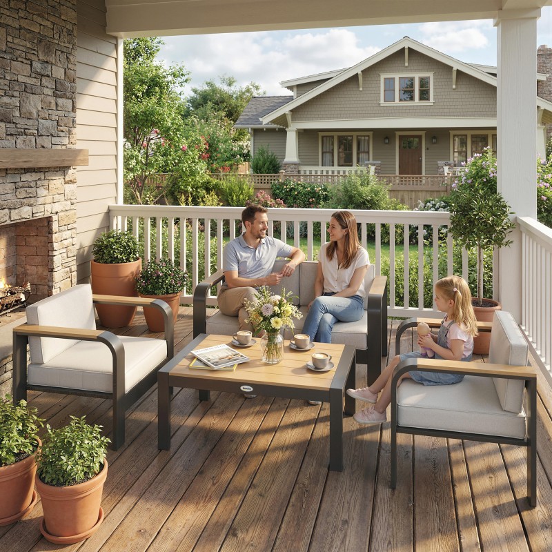 Puutarhan oleskeluryhmä ulkokäyttöön, alumiini ja WPC, 4-osainen, 4 henkilölle, beige/musta harmaa/teakki