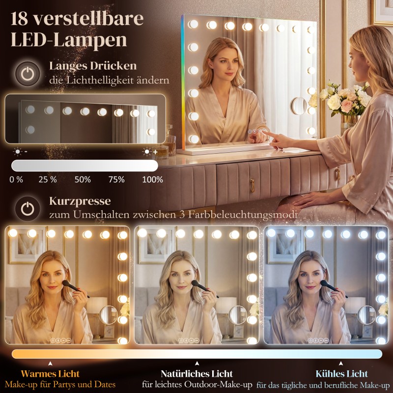 Valaistu meikkipeili 18 himmennettävällä LED-valolla, RGB-valo, Bluetooth-kaiutin, 10x suurennus, 80 x 60 cm, valkoinen