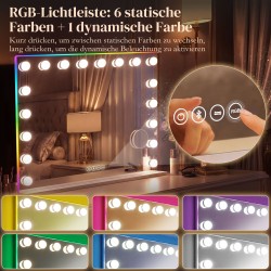 Valaistu meikkipeili 18 himmennettävällä LED-valolla, RGB-valo, Bluetooth-kaiutin, 10x suurennus, 80 x 60 cm, valkoinen