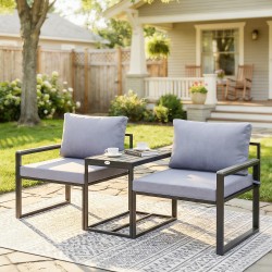 Parvekekalustesetti ulos, 3-osainen: 2 nojatuolia ja pöytä, teräs/WPC, musta/harmaa