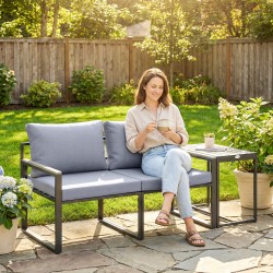 Parvekekalustesetti ulos, 3-osainen: 2 nojatuolia ja pöytä, teräs/WPC, musta/harmaa