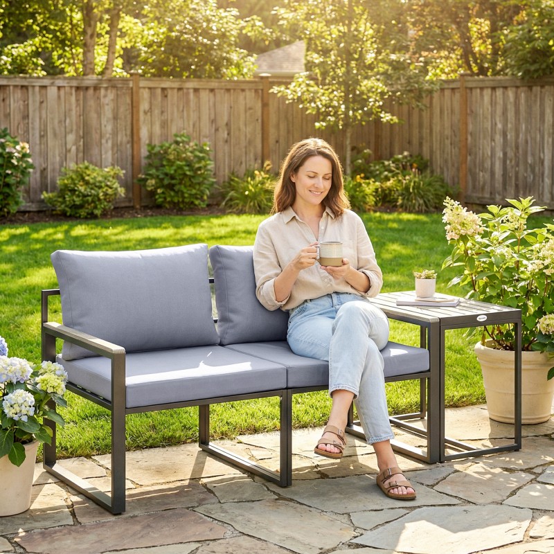 Parvekekalustesetti ulos, 3-osainen: 2 nojatuolia ja pöytä, teräs/WPC, musta/harmaa