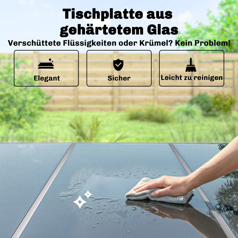 Puutarhan ruokailuryhmä ulos, 7-osainen metallinen 150 x 90 cm pöytä ja 6 pinottavaa tuolia, hopea/musta