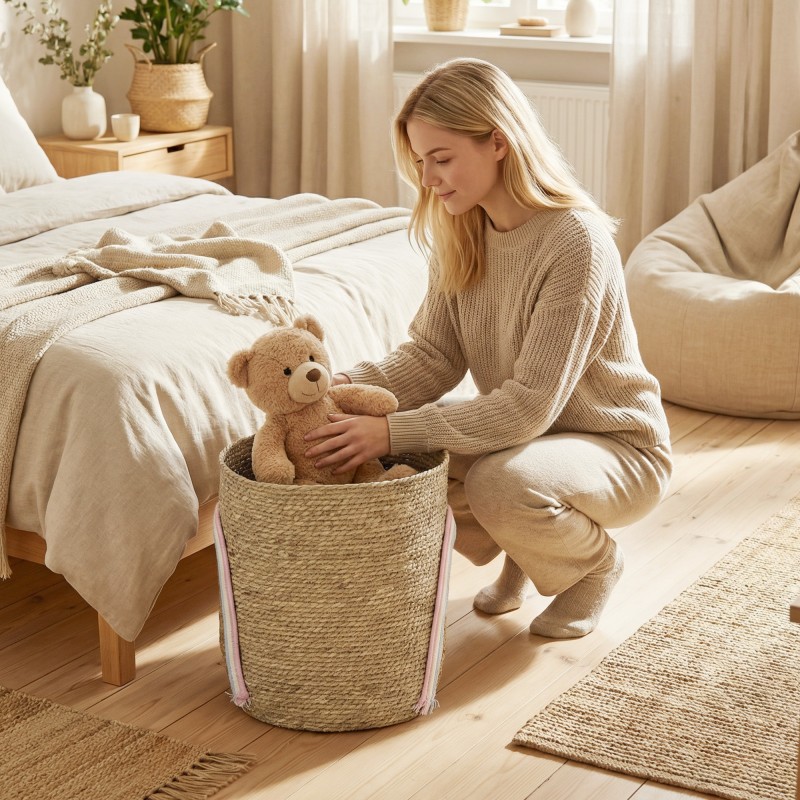 Säilytyskori 24,7 L meriruokoa ja puuvillapunosta Ø30x35 cm sateenkaariyksityiskohdalla natur