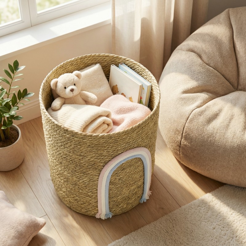 Säilytyskori 24,7 L meriruokoa ja puuvillapunosta Ø30x35 cm sateenkaariyksityiskohdalla natur