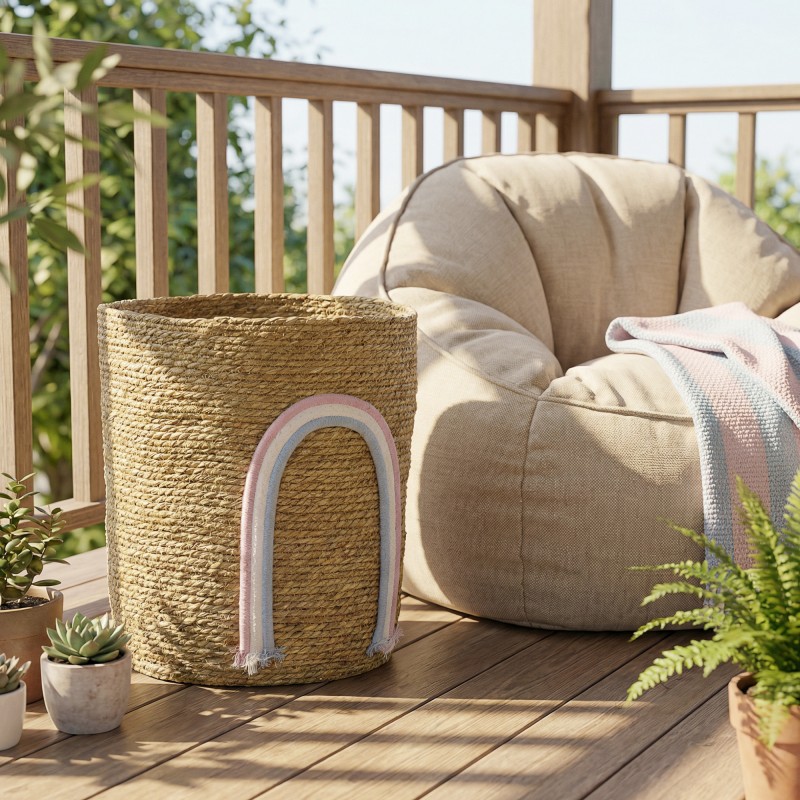 Säilytyskori 24,7 L meriruokoa ja puuvillapunosta Ø30x35 cm sateenkaariyksityiskohdalla natur