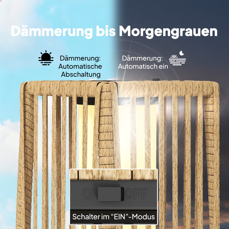 Aurinkokäyttöinen rattan-jalkavalaisin ulkokäyttöön 19x19x68 cm hiekka IP44