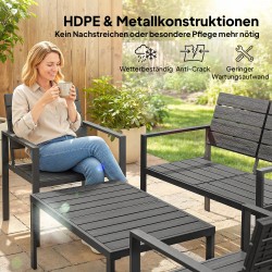 Puutarhakalustesetti 4 hengelle, HDPE-metalli, 2 hengen sohva, 2 nojatuolia ja sohvapöytä, musta