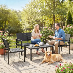 Puutarhakalustesetti 4 hengelle, HDPE-metalli, 2 hengen sohva, 2 nojatuolia ja sohvapöytä, musta