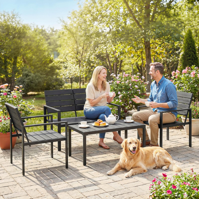 Puutarhakalustesetti 4 hengelle, HDPE-metalli, 2 hengen sohva, 2 nojatuolia ja sohvapöytä, musta