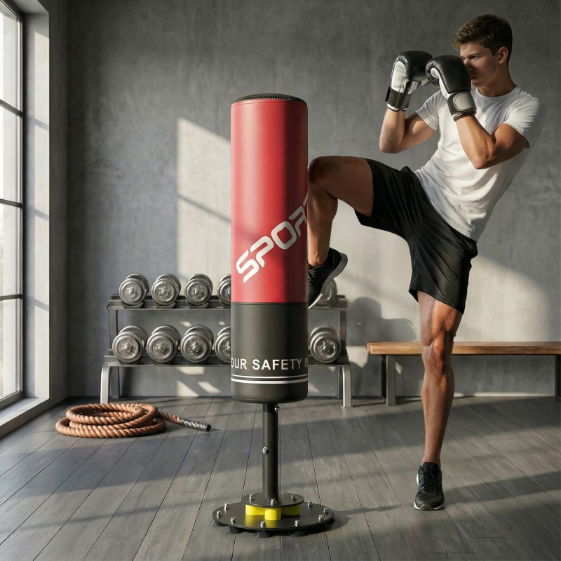 Vapaasti seisova nyrkkeilysäkki aikuisille 135 cm, imukupeilla ja iskunvaimennuksella, punainen/musta