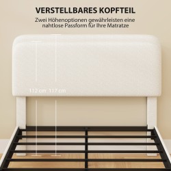 Yhden hengen metallisänky teddy-verhoillulla säädettävällä päädyllä 140 x 200 cm valkoinen/musta