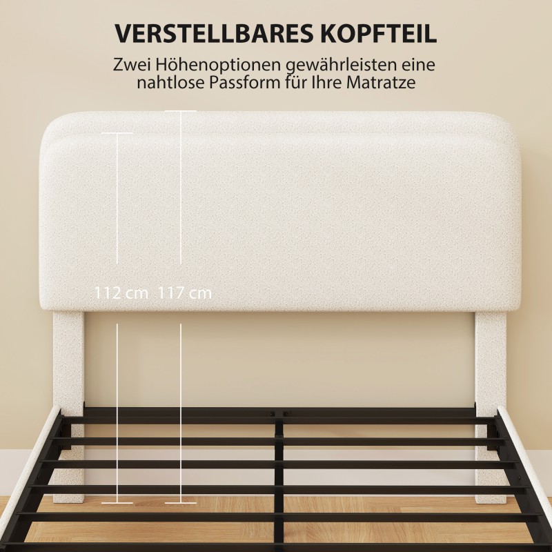 Yhden hengen metallisänky teddy-verhoillulla säädettävällä päädyllä 140 x 200 cm valkoinen/musta