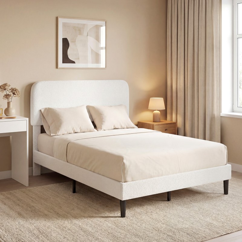 Yhden hengen metallisänky teddy-verhoillulla säädettävällä päädyllä 140 x 200 cm valkoinen/musta