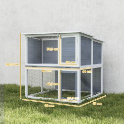 Kanin häkki ulkokäyttöön 2 kerrosta puu, ramppi ja juoksuaitaus 98 x 95 x 102,5 cm harmaa