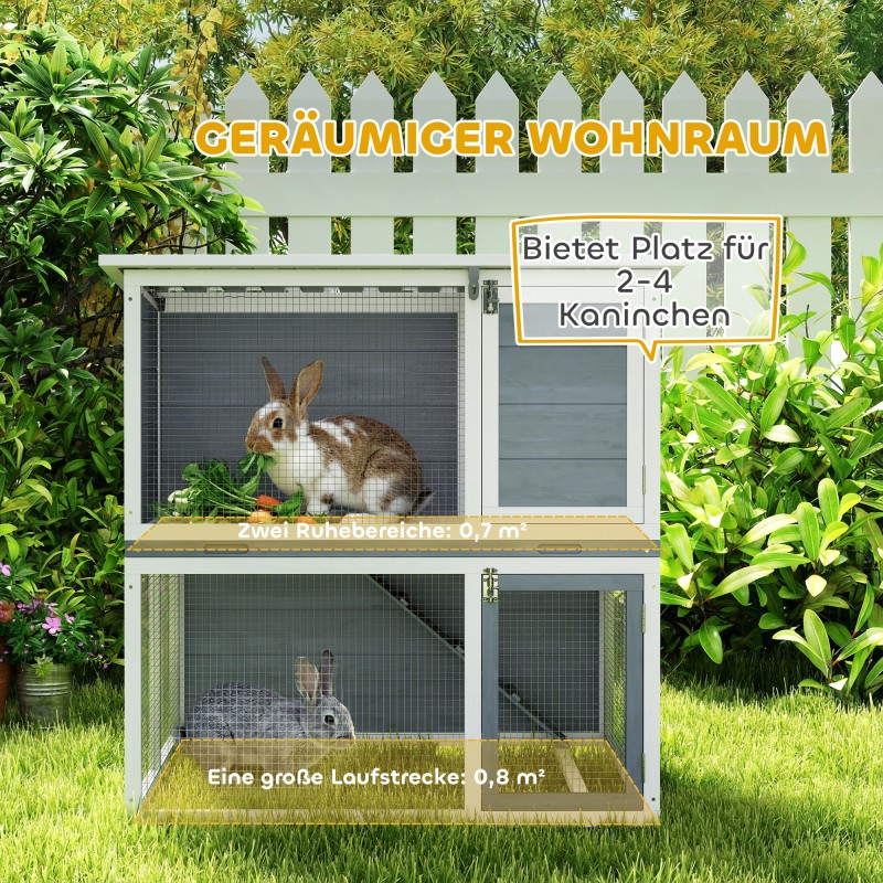 Kanin häkki ulkokäyttöön 2 kerrosta puu, ramppi ja juoksuaitaus 98 x 95 x 102,5 cm harmaa