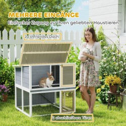 Kanin häkki ulkokäyttöön 2 kerrosta puu, ramppi ja juoksuaitaus 98 x 95 x 102,5 cm harmaa