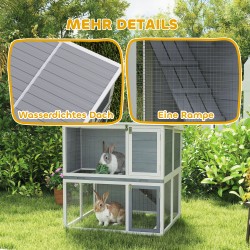 Kanin häkki ulkokäyttöön 2 kerrosta puu, ramppi ja juoksuaitaus 98 x 95 x 102,5 cm harmaa