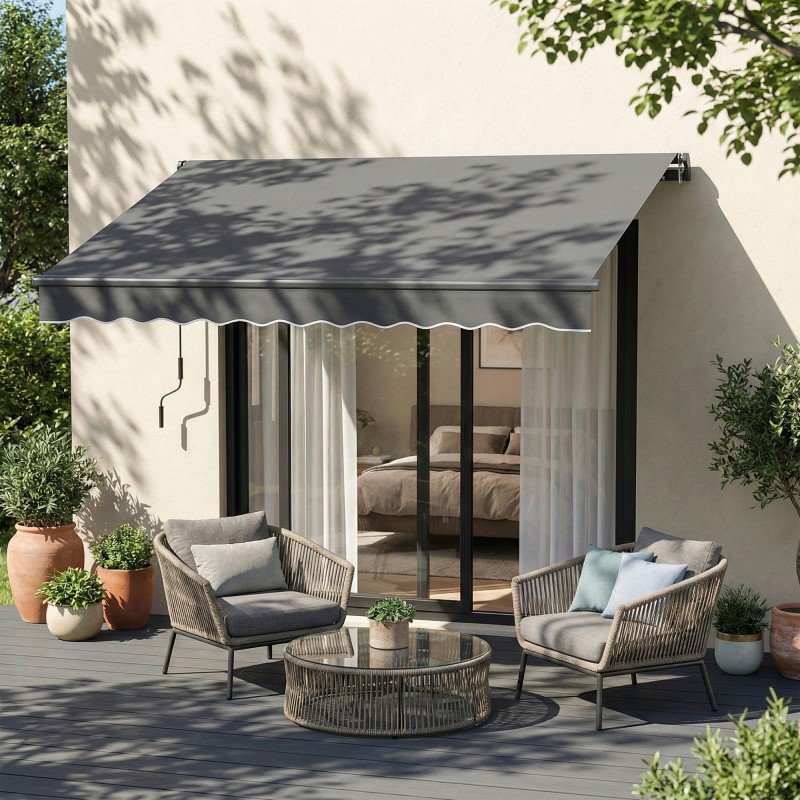 Nivelvarsikatos terassille, käsikäyttöinen, metalli/polyesteri, 350 x 300 cm, tummanharmaa