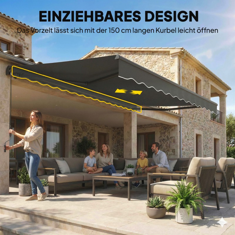 Nivelvarsikatos terassille, käsikäyttöinen, metalli/polyesteri, 350 x 300 cm, tummanharmaa