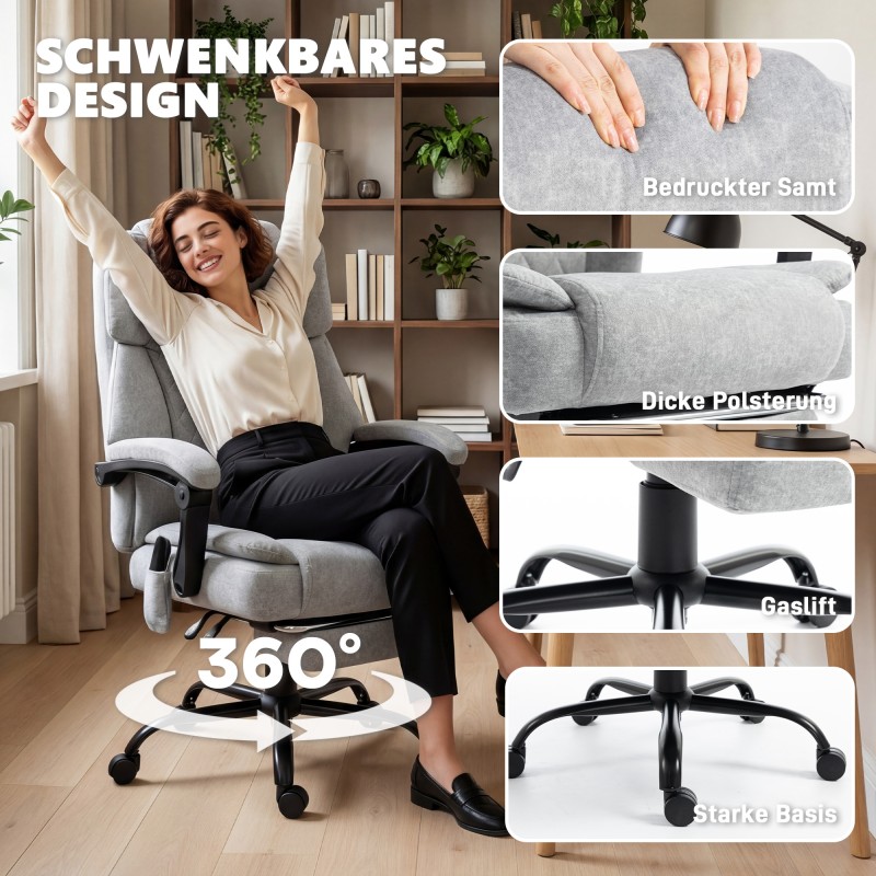 Hierova toimistotuoli korkealla selkänojalla, tärinähieronta ja lämpö, säädettävä selkänoja ja jalkatuki, harmaa