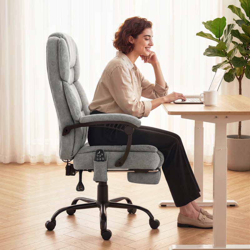 Hierova toimistotuoli korkealla selkänojalla, tärinähieronta ja lämpö, säädettävä selkänoja ja jalkatuki, harmaa