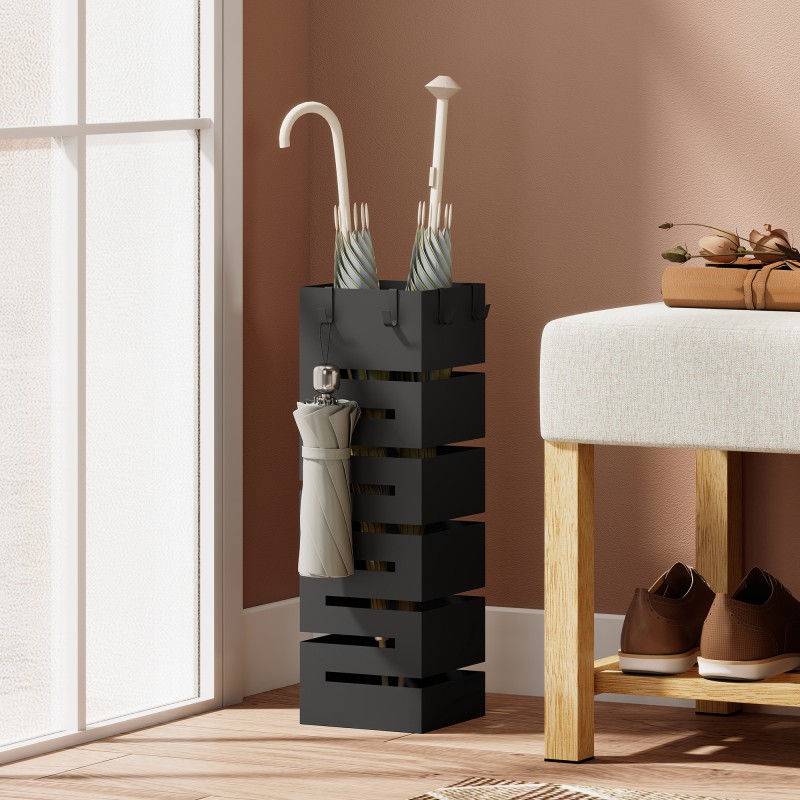 Sateenvarjoteline eteiseen, metallinen, koukuilla ja tippa-alustalla, 8 sateenvarjolle, musta