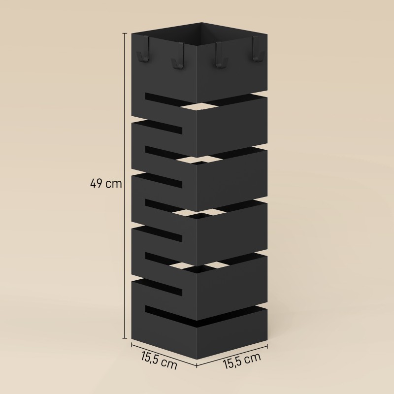 Sateenvarjoteline eteiseen, metallinen, koukuilla ja tippa-alustalla, 8 sateenvarjolle, musta