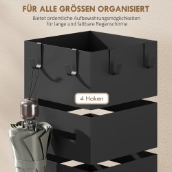 Sateenvarjoteline eteiseen, metallinen, koukuilla ja tippa-alustalla, 8 sateenvarjolle, musta