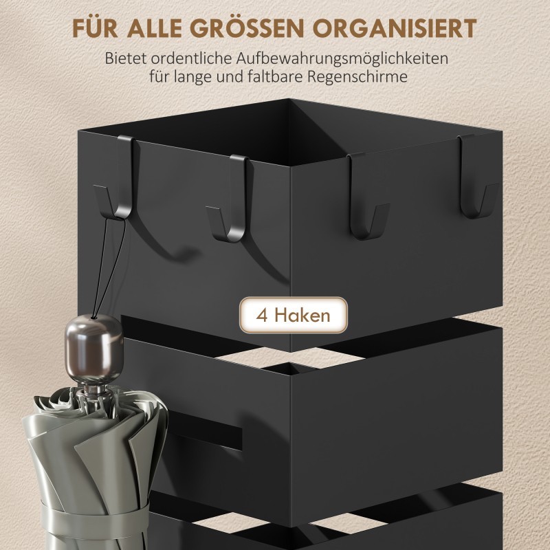 Sateenvarjoteline eteiseen, metallinen, koukuilla ja tippa-alustalla, 8 sateenvarjolle, musta