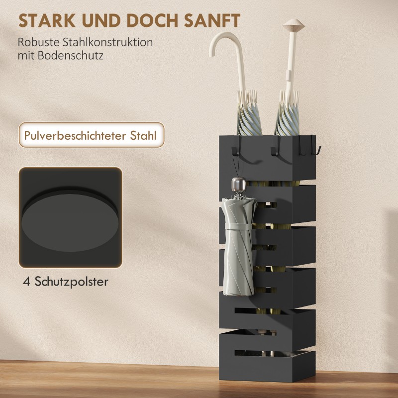 Sateenvarjoteline eteiseen, metallinen, koukuilla ja tippa-alustalla, 8 sateenvarjolle, musta