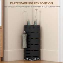 Sateenvarjoteline eteiseen, metallinen, koukuilla ja tippa-alustalla, 8 sateenvarjolle, musta