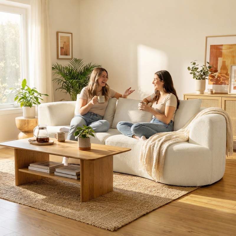 3-istuttava chenille-sohva olohuoneeseen 260 cm, leveä istuin 203 cm, cremevalkoinen, 3 tyynyä