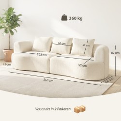 3-istuttava chenille-sohva olohuoneeseen 260 cm, leveä istuin 203 cm, cremevalkoinen, 3 tyynyä