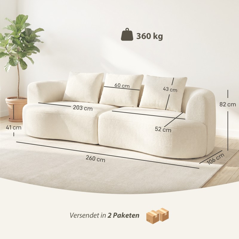 3-istuttava chenille-sohva olohuoneeseen 260 cm, leveä istuin 203 cm, cremevalkoinen, 3 tyynyä