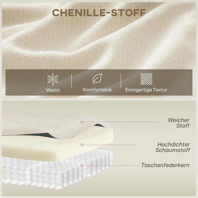 3-istuttava chenille-sohva olohuoneeseen 260 cm, leveä istuin 203 cm, cremevalkoinen, 3 tyynyä