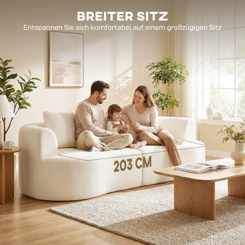3-istuttava chenille-sohva olohuoneeseen 260 cm, leveä istuin 203 cm, cremevalkoinen, 3 tyynyä
