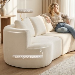 3-istuttava chenille-sohva olohuoneeseen 260 cm, leveä istuin 203 cm, cremevalkoinen, 3 tyynyä