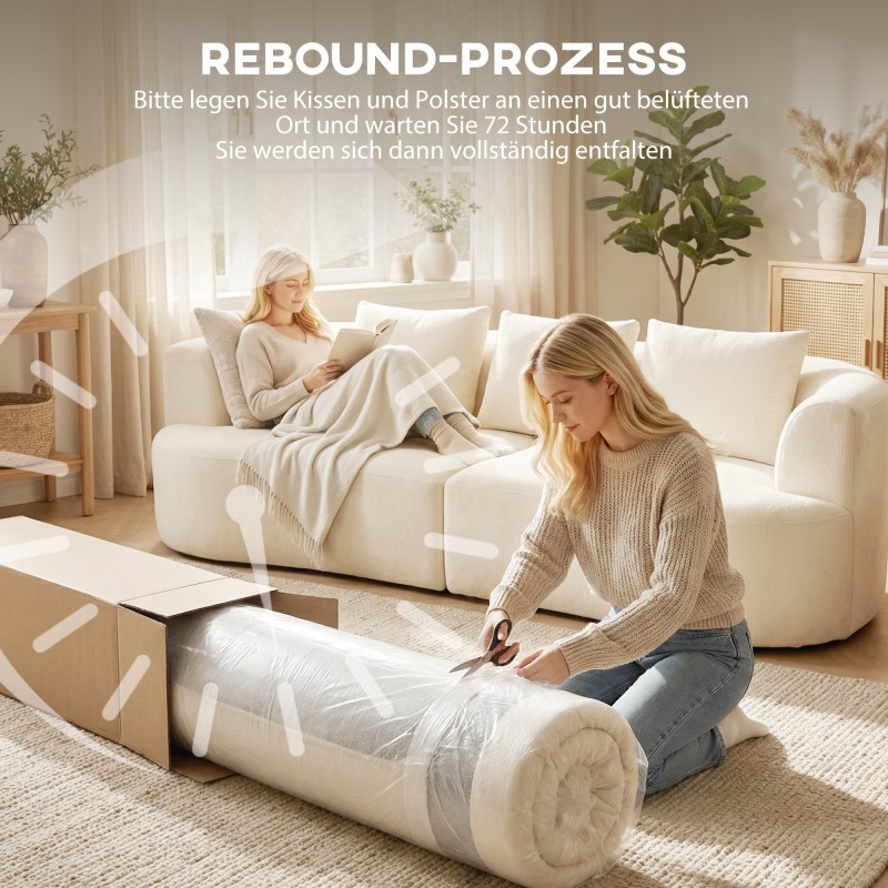 3-istuttava chenille-sohva olohuoneeseen 260 cm, leveä istuin 203 cm, cremevalkoinen, 3 tyynyä