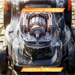 Sähkökäyttöinen ruohonleikkuri 1200 W 34 cm leikkuuleveys 25–75 mm 6 korkeutta 35 l keruusäiliö multaus