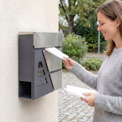 Seinään kiinnitettävä postilaatikko ulkokäyttöön, metallia, 37x10x37 cm, lehtiteline, lukko ja 2 avainta, tummanharmaa