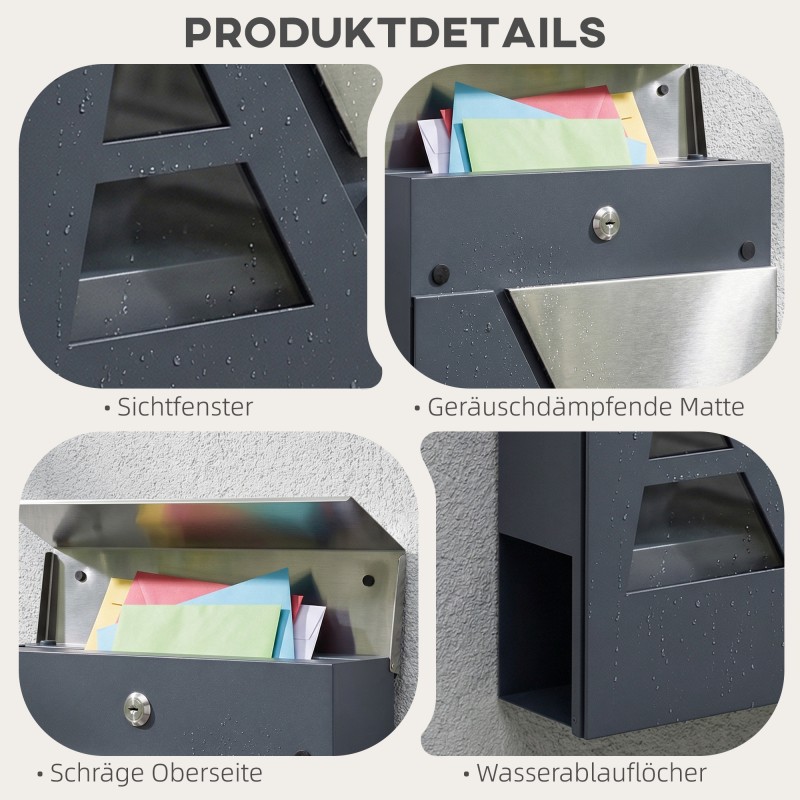 Seinään kiinnitettävä postilaatikko ulkokäyttöön, metallia, 37x10x37 cm, lehtiteline, lukko ja 2 avainta, tummanharmaa