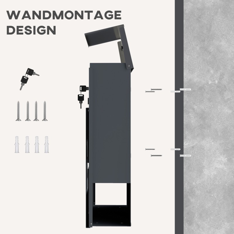 Seinään kiinnitettävä postilaatikko ulkokäyttöön, metallia, 37x10x37 cm, lehtiteline, lukko ja 2 avainta, tummanharmaa