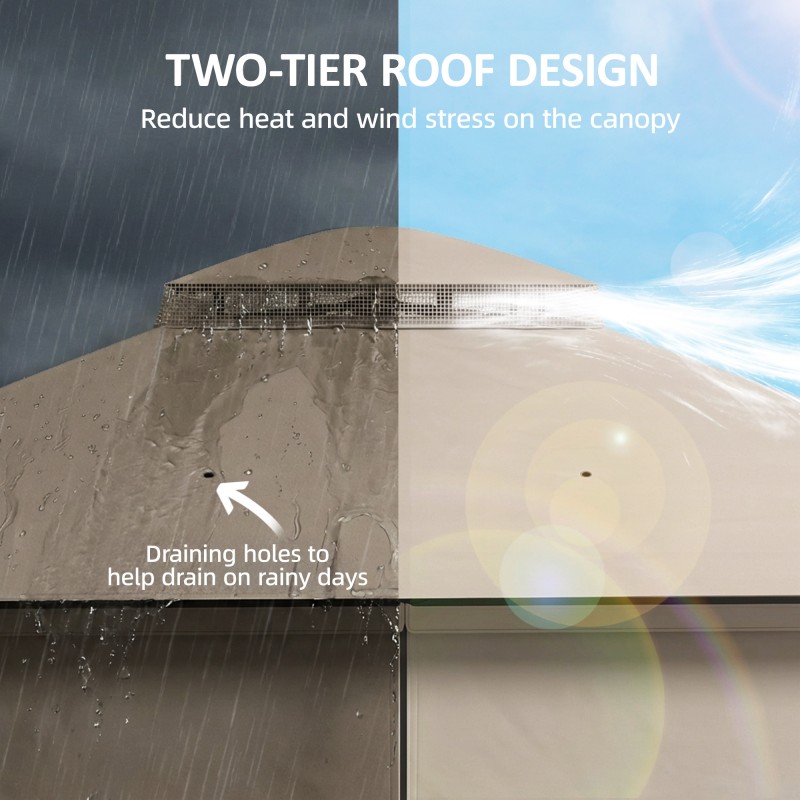 Puutarhapaviljonki metallirunko 3,6 x 3 m kaksikatto sivuverhot ja hyttysverkko khaki/beige