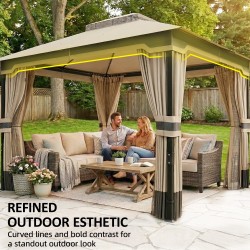 Puutarhapaviljonki metallirunko 3,6 x 3 m kaksikatto sivuverhot ja hyttysverkko khaki/beige