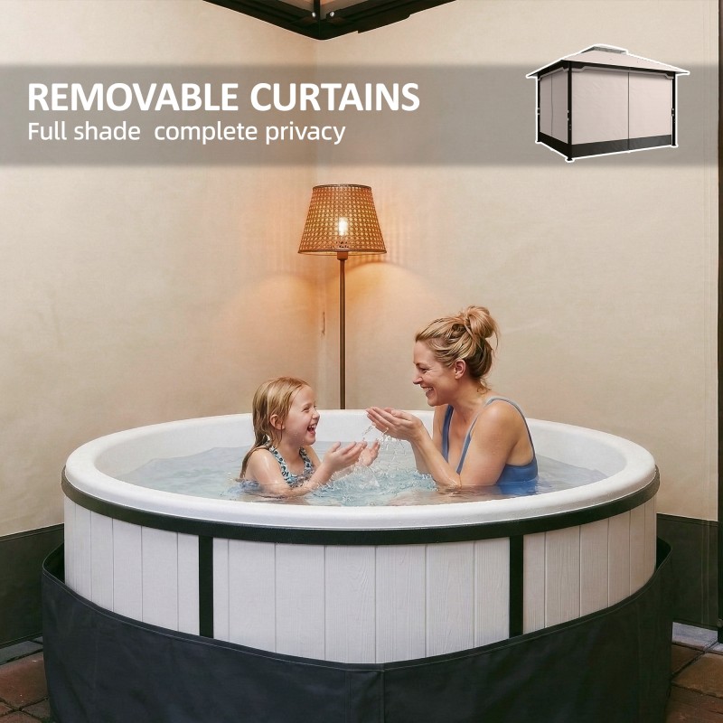 Puutarhapaviljonki metallirunko 3,6 x 3 m kaksikatto sivuverhot ja hyttysverkko khaki/beige